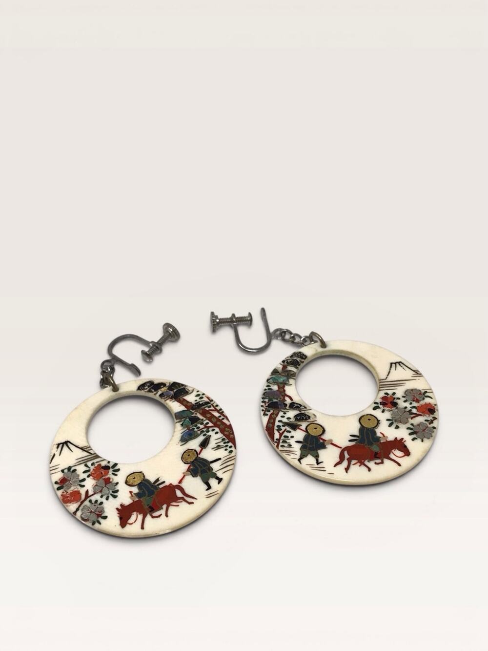 Antique Pre-ban 1940s Genuine Ivory Earrings Hand-Painted Circular Drop